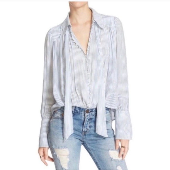 Free People Modern Muse Striped Blouse Blue White Crepe Hi Lo - Picture 15 of 15